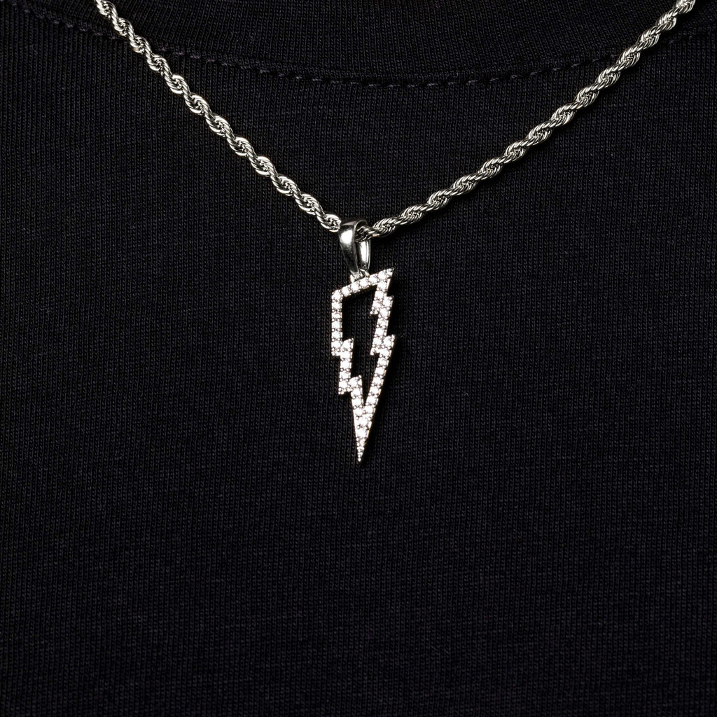 Men's Moissanite Diamond Micro Lightning Bolt Pendant in White Gold Vermeil