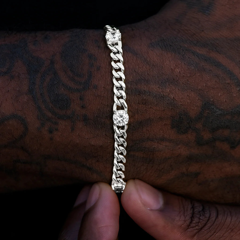 Round Stone Station Cuban Bracelet in White Gold