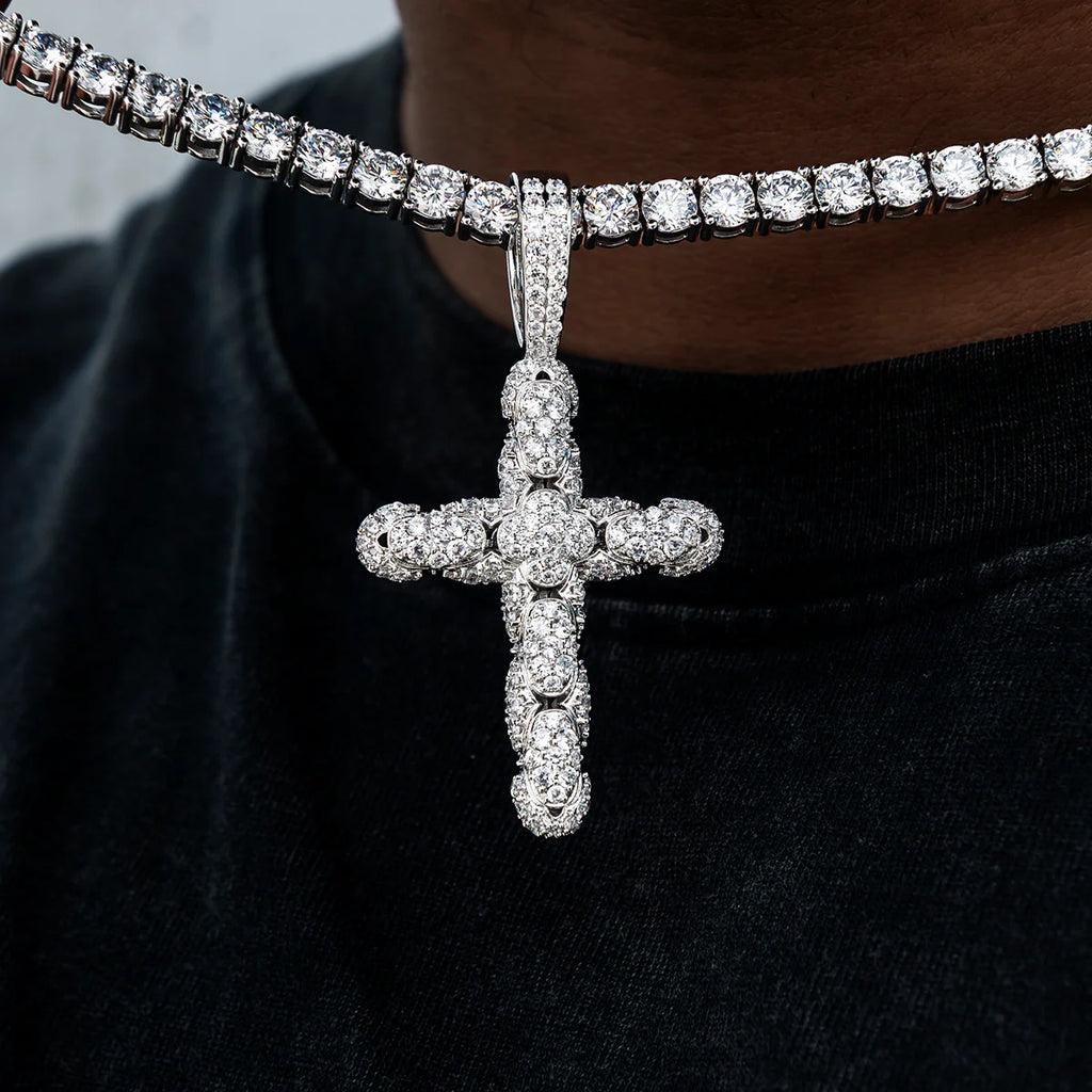 Diamond Pave Snake Link Cross Pendant in White Gold