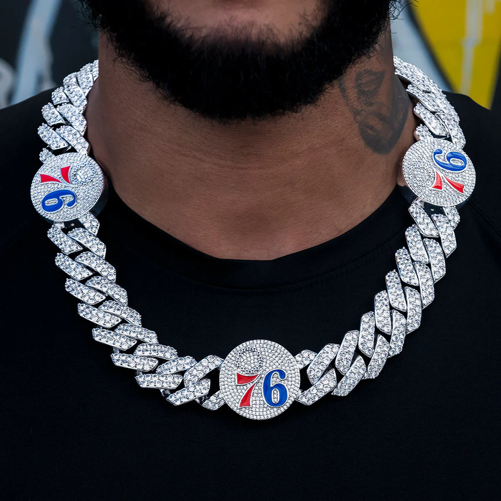 Philadelphia 76ers Official NBA Diamond Prong Cuban Chain in White Gold- 25mm