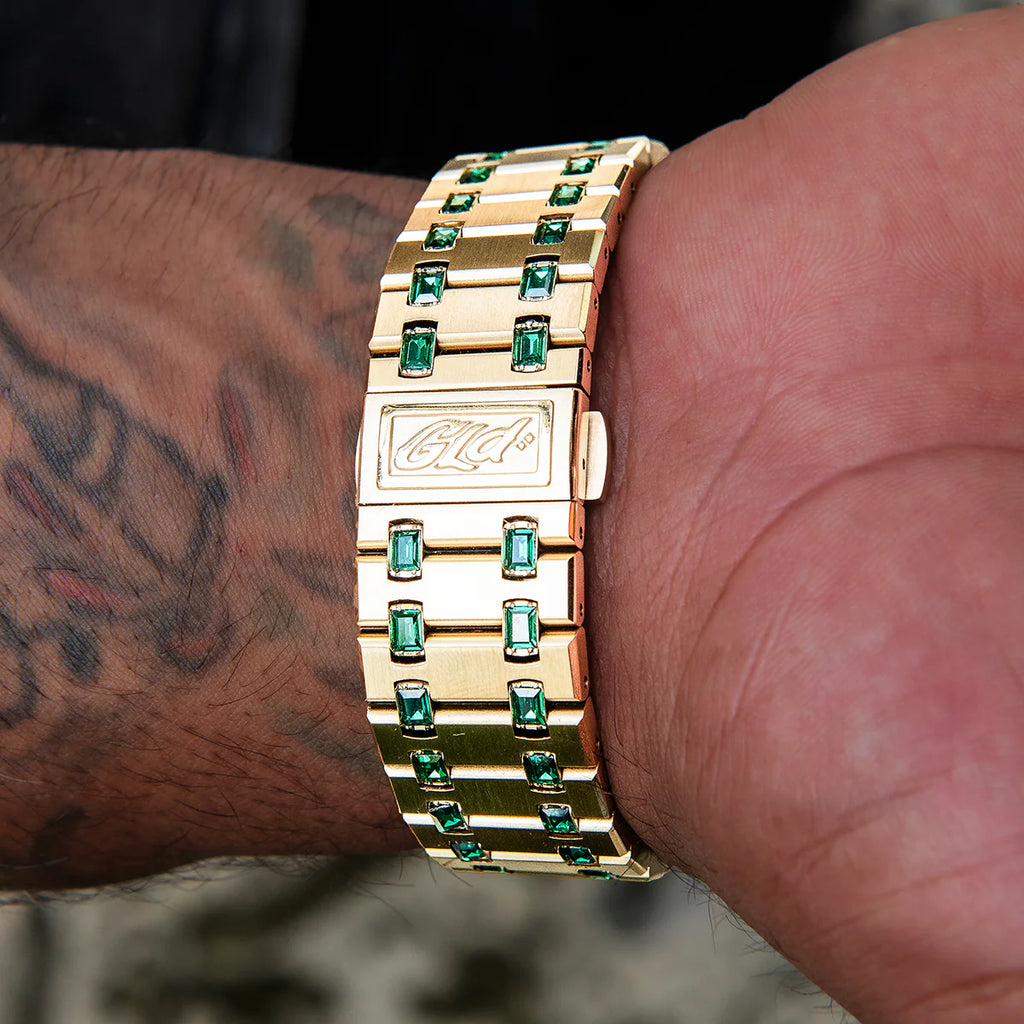39MM Visionary Iced Emerald Stone Band Watch - Yellow Gold