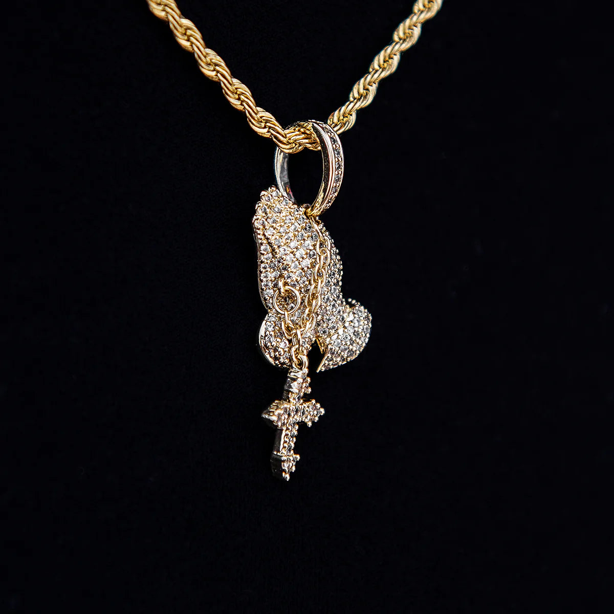 Micro Iced Praying Hands with Cross Pendant in Yellow Gold