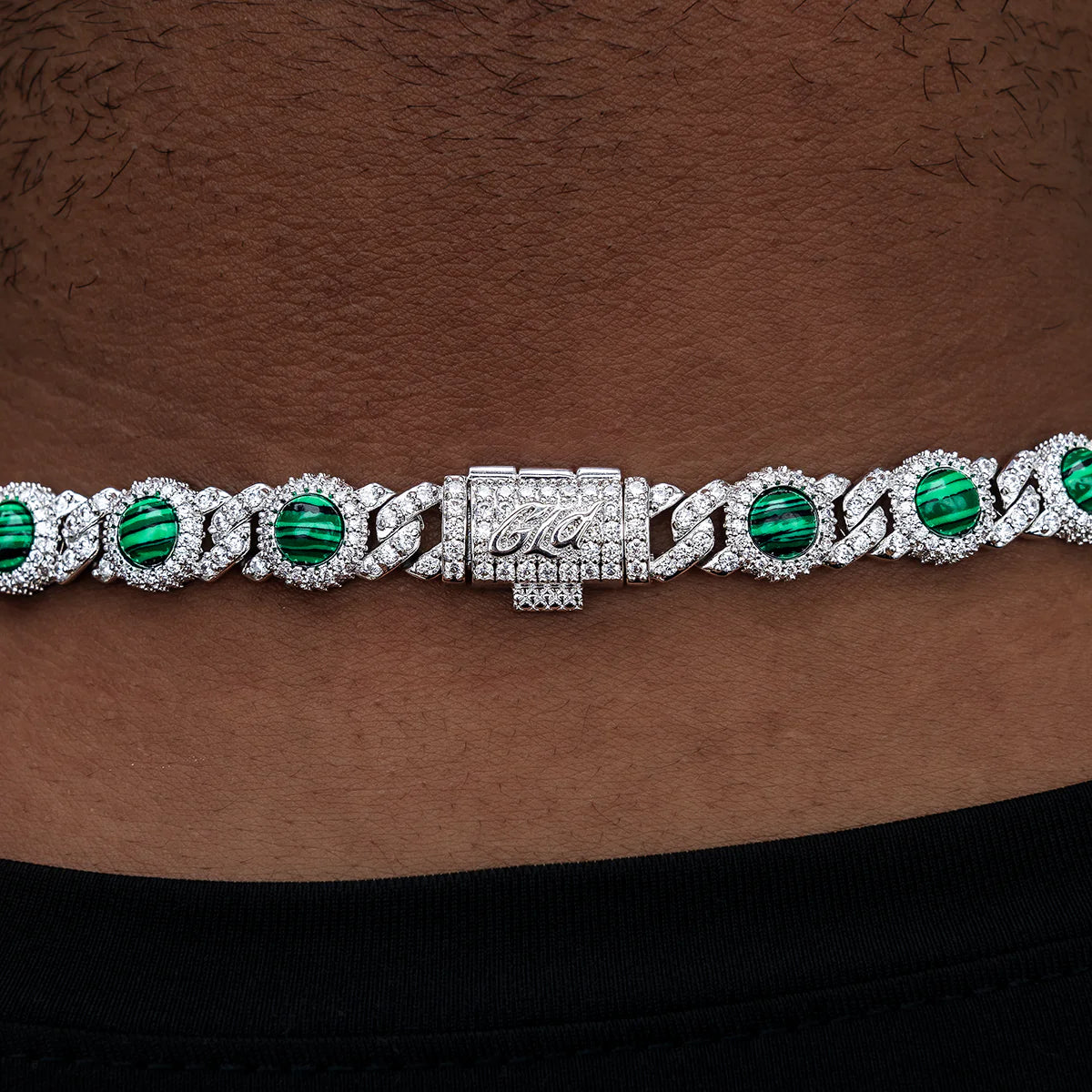 10mm Iced Halo Cuban Chain with Malachite in White Gold
