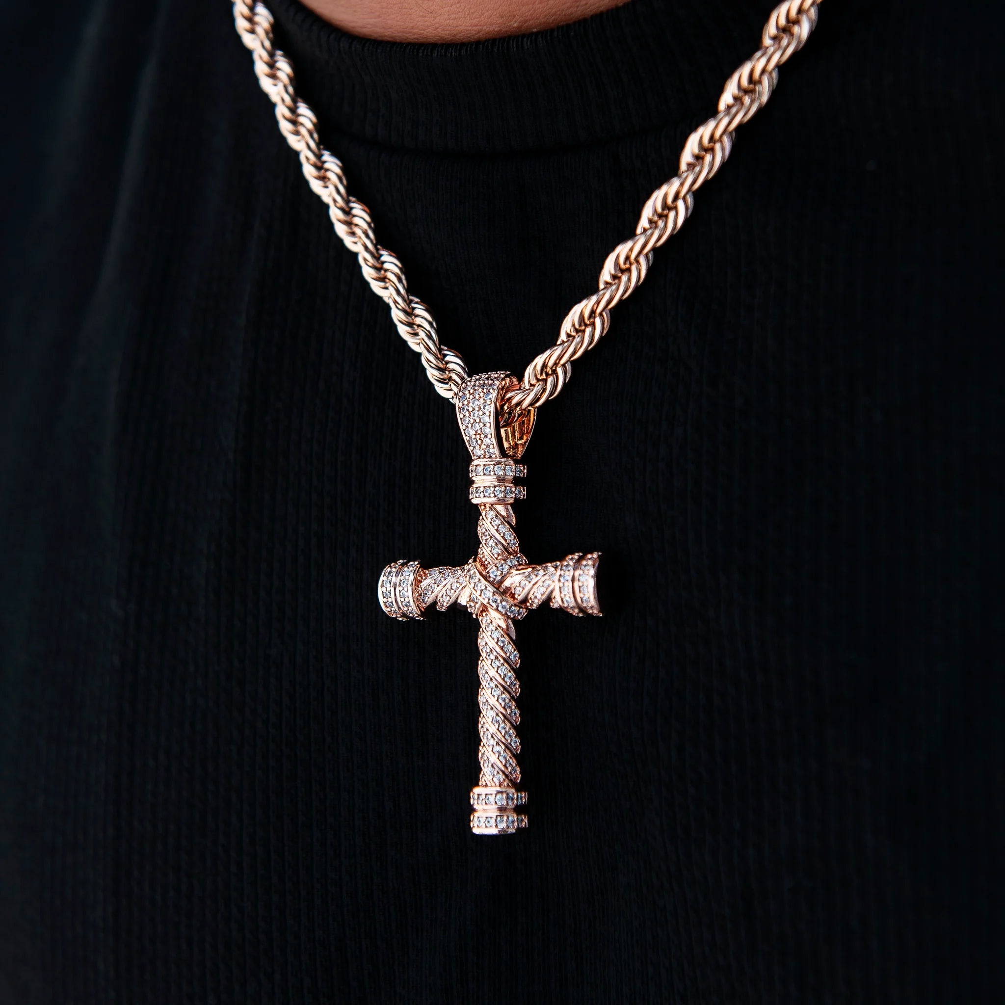 Diamond Rope Cross Pendant in Rose Gold